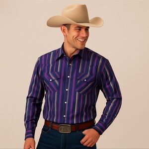 Wrangler Rustler Men’s Western Shirt Sz 35/4X Purple Stripe Pearl Snaps XL Tails